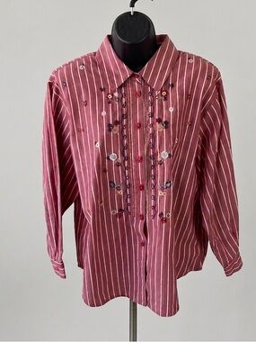 Koret vintage Red Striped Button-Up Blouse with Floral Embroidery